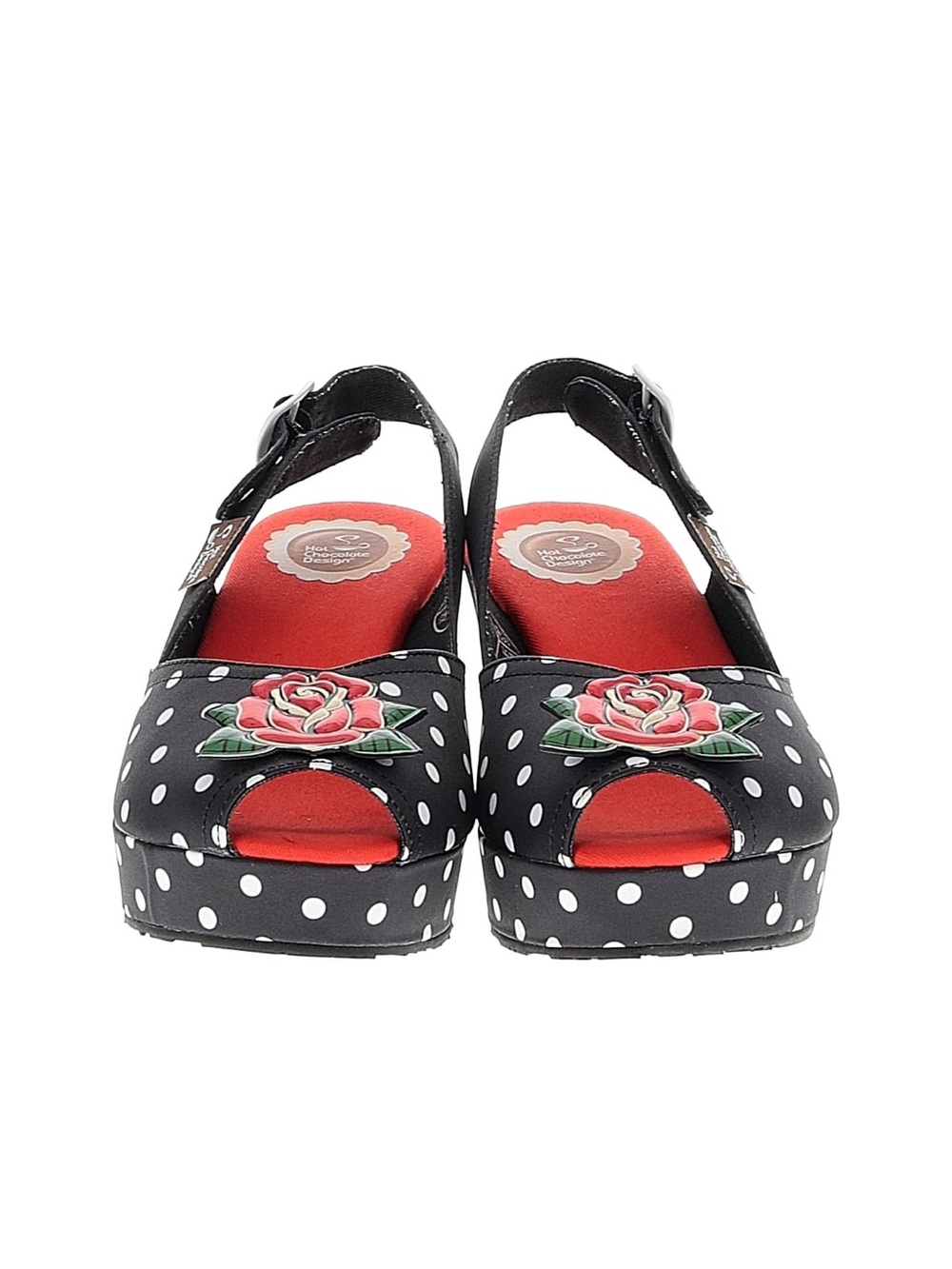 Polka Dot Peep-Toe Platform Slingback Sandals with Rose Accent - Black/Red